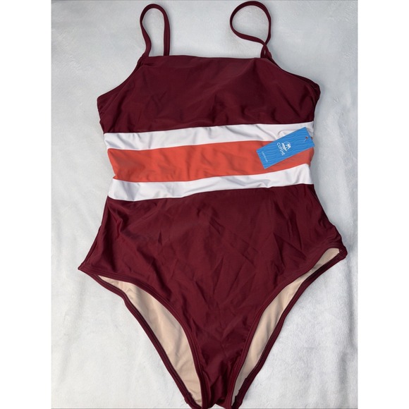 Cupshe One Piece Swimsuit Womens Size Medium White Orange Maroon Tummy Control - Picture 1 of 5